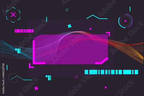 Trendy technology network with light neon line, square, circle, rectangle. Background digital graphic element for banner, poster, postcard or card. Vector illustration.