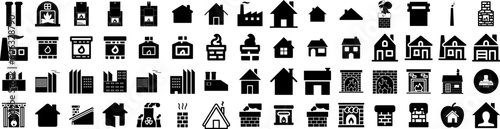 Set Of Chimney Icons Isolated Silhouette Solid Icon With Smoke, Building, Chimney, Home, Black, House, Roof Infographic Simple Vector Illustration Logo
