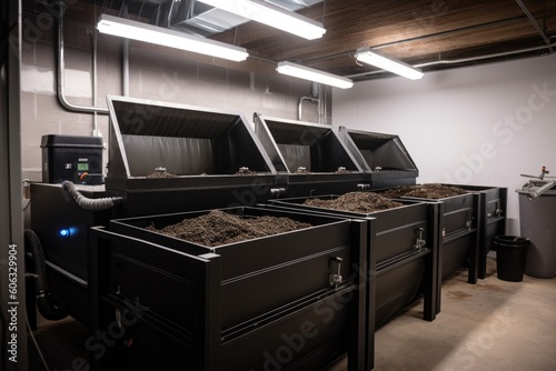 indoor composting system with sensors and specialized lighting to ensure optimal conditions, created with generative ai