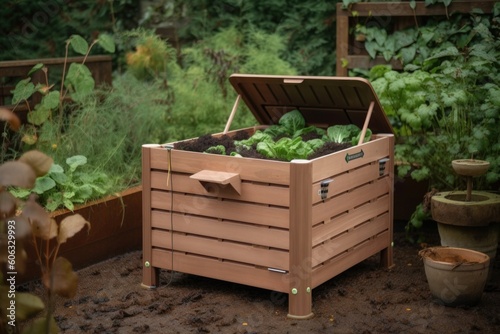 compost bin with built-in drainage system and spigot for easy collection, created with generative ai