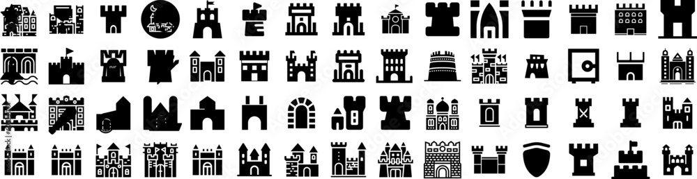 Set Of Fortress Icons Isolated Silhouette Solid Icon With Landscape, Ancient, Travel, Castle, Architecture, Fortress, Old Infographic Simple Vector Illustration Logo