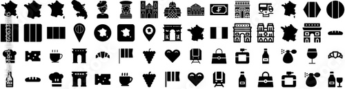 Set Of France Icons Isolated Silhouette Solid Icon With National, Symbol, Background, French, France, Flag, Country Infographic Simple Vector Illustration Logo