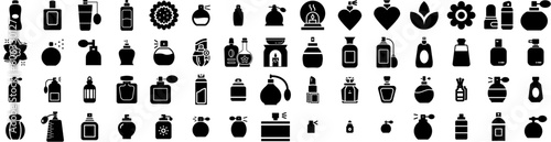 Set Of Fragrance Icons Isolated Silhouette Solid Icon With Bottle, Beauty, Cosmetic, Aroma, Design, Perfume, Fragrance Infographic Simple Vector Illustration Logo