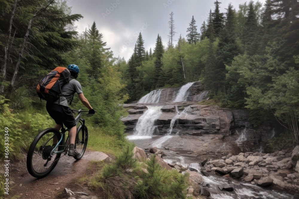 person, riding mountain bike through forest trail, with view of pine trees and waterfall in the background, created with generative ai