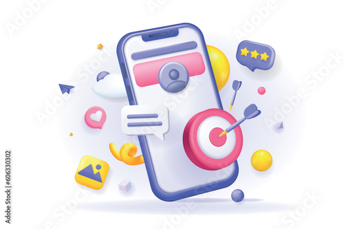 Marketing concept 3D illustration. Icon composition with smartphone screen with online profile in social media, advertising content and targeting audience. Vector illustration for modern web design