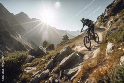 mountain biker climbing steep and challenging trail with sharp turns and jumps, created with generative ai