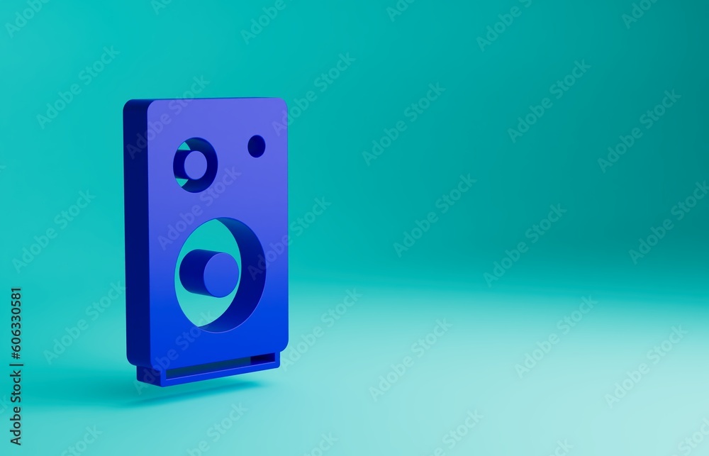 Blue Stereo speaker icon isolated on blue background. Sound system speakers. Music icon. Musical column speaker bass equipment. Minimalism concept. 3D render illustration Blue Stereo speaker icon isolated on blue background. Sound system speakers. Music icon. Musical column speaker bass equipment. Minimalism concept. 3D render illustration