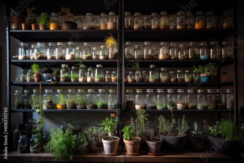 stacked shelves with jars of growing plants, each one a unique variety, created with generative ai