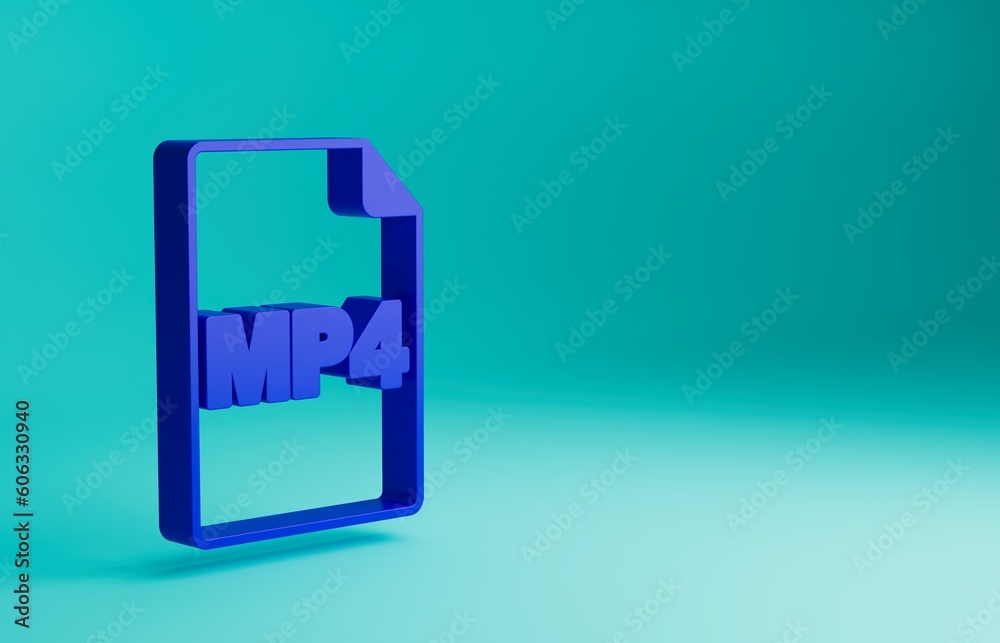 Blue MP4 file document. Download mp4 button icon isolated on blue background. MP4 file symbol. Minimalism concept. 3D render illustration Blue MP4 file document. Download mp4 button icon isolated on blue background. MP4 file symbol. Minimalism concept. 3D render illustration