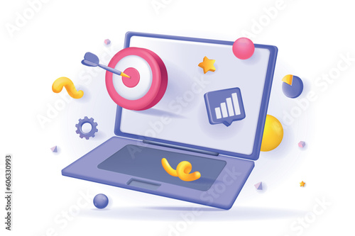 Seo optimization concept 3D illustration. Icon composition with laptop, data chart and targeting, statistics information of site and search engine settings. Vector illustration for modern web design