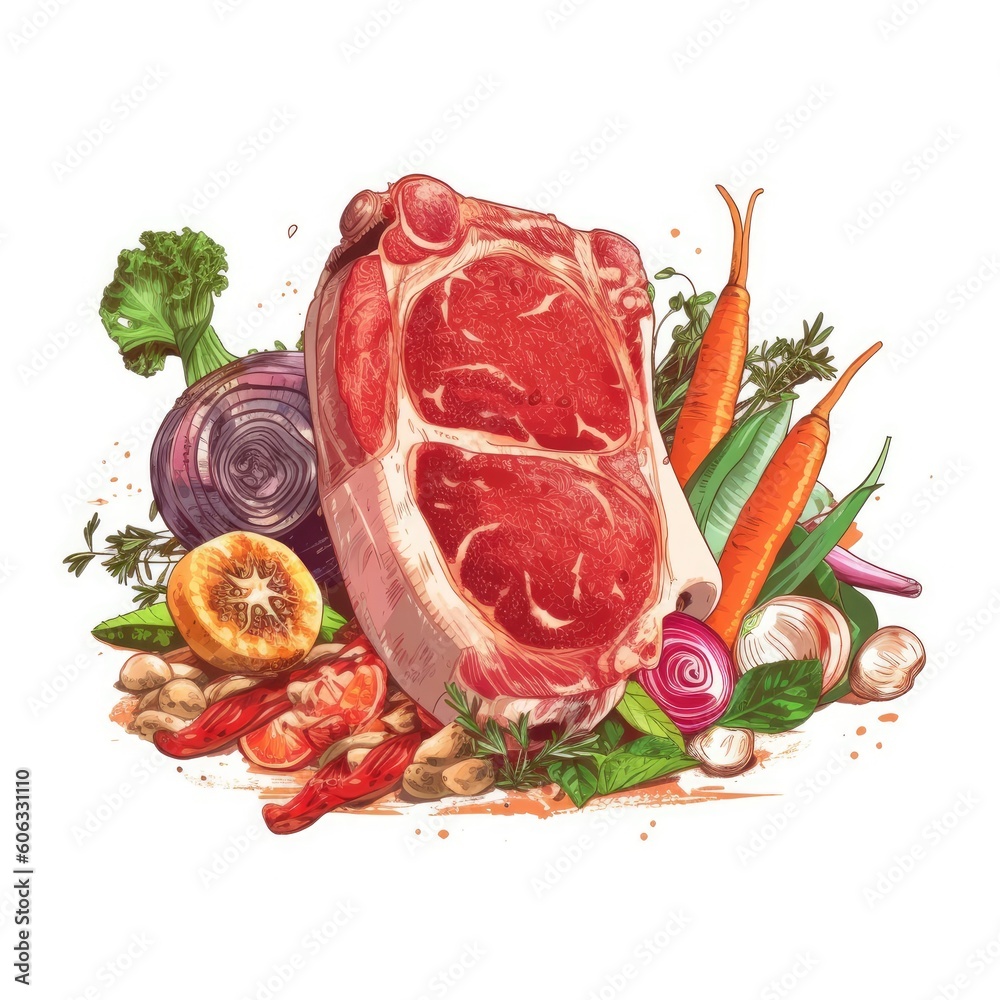 Meat fillet. Raw meat for cooking. Fresh Vegetables and spices. Watercolor illustration created with Generative AI Technology Meat fillet. Raw meat for cooking. Fresh Vegetables and spices. Watercolor illustration created with Generative AI Technology