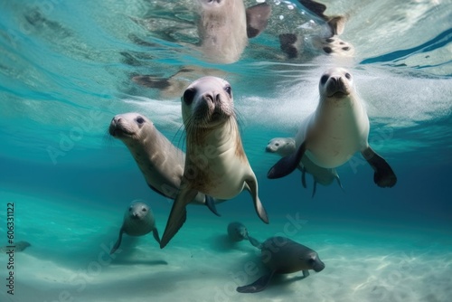 group of marine mammals swimming together in crystal-clear water, created with generative ai