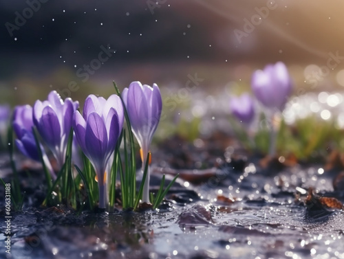 Spring flowers of blue crocuses under the rain