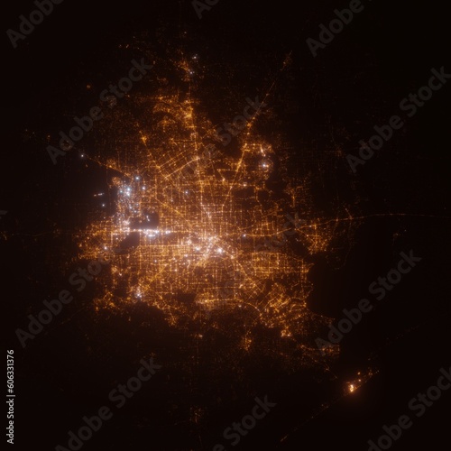 Houston (Texas, USA) street lights map. Satellite view on modern city at night. Imitation of aerial view on roads network. 3d render