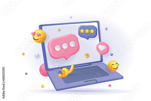 Social media concept 3D illustration. Icon composition with laptop, rating, comments and different feedback, online communication and marketing technology. Vector illustration for modern web design