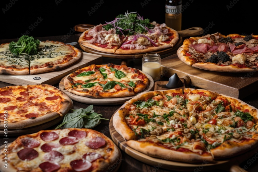 collection of pizzas, each topped with different cheeses, meats, and vegetables, created with generative ai