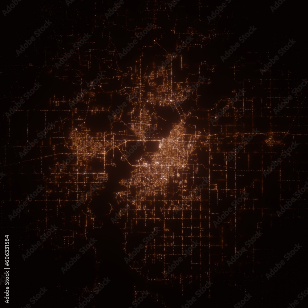 Lake Charles (Louisiana, USA) street lights map. Satellite view on modern city at night. Imitation of aerial view on roads network. 3d render