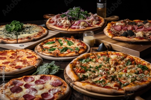 collection of pizzas  each topped with different cheeses  meats  and vegetables  created with generative ai