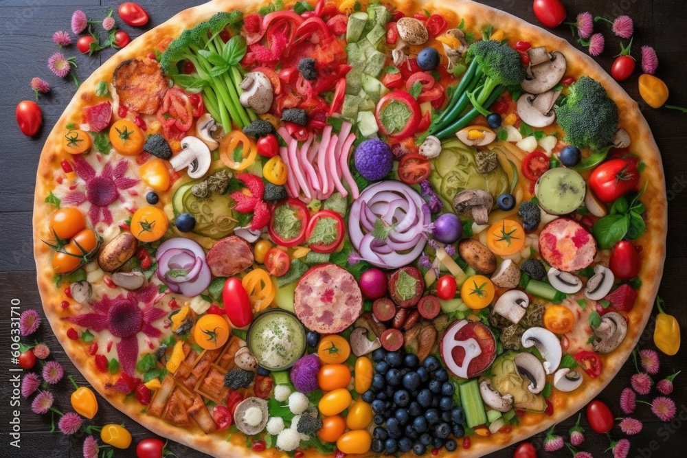 mind-boggling pizza creation with more than 20 toppings, including fruit and vegetables, created with generative ai