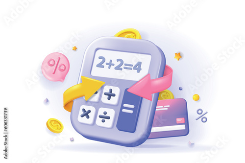 Tax finance concept 3D illustration. Icon composition with calculator and credit card, financial accounting and finance management, taxation and savings. Vector illustration for modern web design