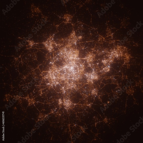 Eindhoven (Netherlands) street lights map. Satellite view on modern city at night. Imitation of aerial view on roads network. 3d render
