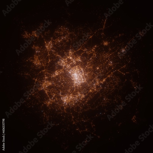 Murcia  Spain  street lights map. Satellite view on modern city at night. Imitation of aerial view on roads network. 3d render