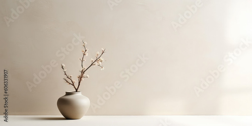 Bouquet of cherry blossoms in vase on white table near beige wall