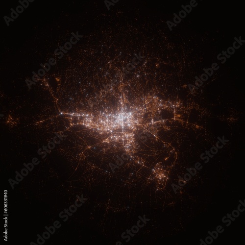 Zagreb (Croatia) street lights map. Satellite view on modern city at night. Imitation of aerial view on roads network. 3d render