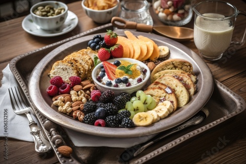 breakfast plate, filled with plantbased and vegan ingredients such as fruits, nuts, seeds and grains, created with generative ai
