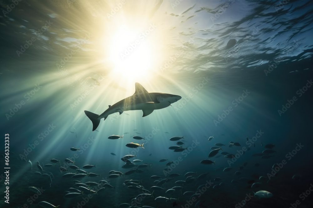 shark swimming past school of rays in peaceful underwater scene ...