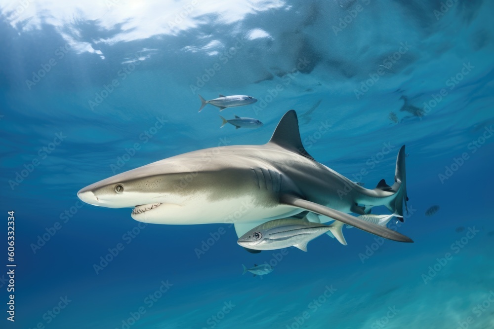 Obraz premium mother shark with her newborn offspring, swimming in clear blue waters, created with generative ai