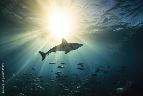 shark swimming past school of rays in peaceful underwater scene, created with generative ai © Natalia