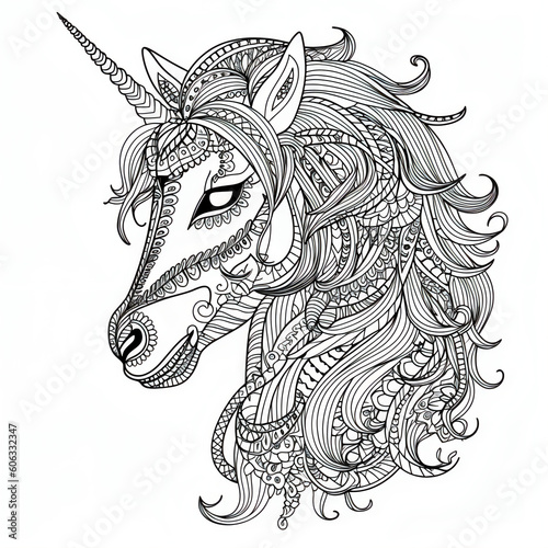 Unicorn with mandala-style patterns and floral decorations  