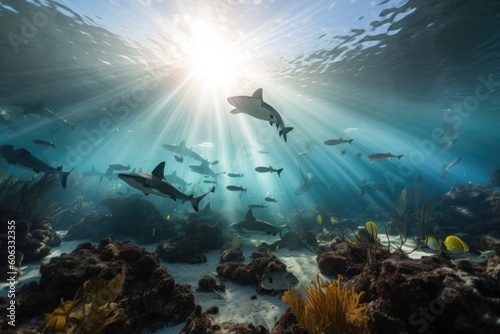 stunning underwater scene with a mix of rays, sharks, and colorful fish, created with generative ai © Natalia