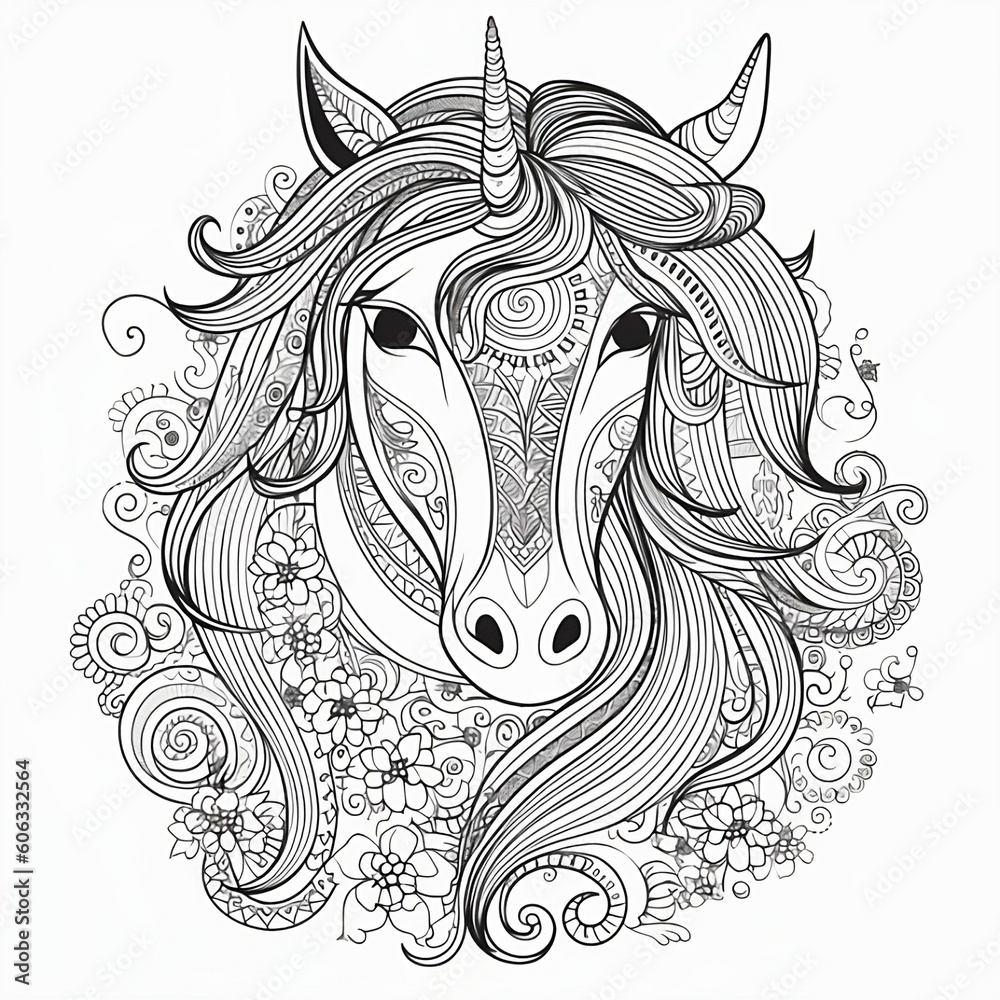 Obraz premium Unicorn with mandala-style patterns and floral decorations 
