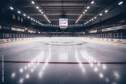 An empty hockey field illuminated by the soft glow of the ice, creating a serene atmosphere.