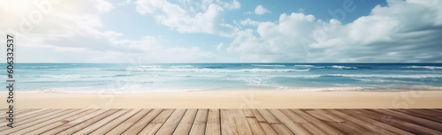 Empty wooden flooring deck in front and blue summer sky with clouds and sea or ocean with turquoise water and waves in the background. Summer vacation sea shoreline with deck floor. Generative AI © artsterdam