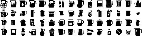 Set Of Pitcher Icons Isolated Silhouette Solid Icon With Drink, Pitcher, Jug, Glass, Beverage, Isolated, White Infographic Simple Vector Illustration Logo