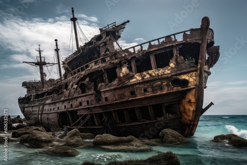 pirate shipwrecked and decayed after years of being at the bottom of the ocean, created with generative ai
