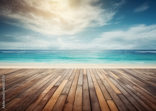 Empty wooden flooring deck in front and blue summer sky with clouds and sea or ocean with turquoise water and waves in the background. Summer vacation sea shoreline with deck floor. Generative AI