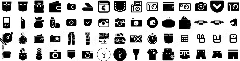 Set Of Pocket Icons Isolated Silhouette Solid Icon With Shirt, Jeans, Pocket, Denim, Vector, Isolated, Pants Infographic Simple Vector Illustration Logo