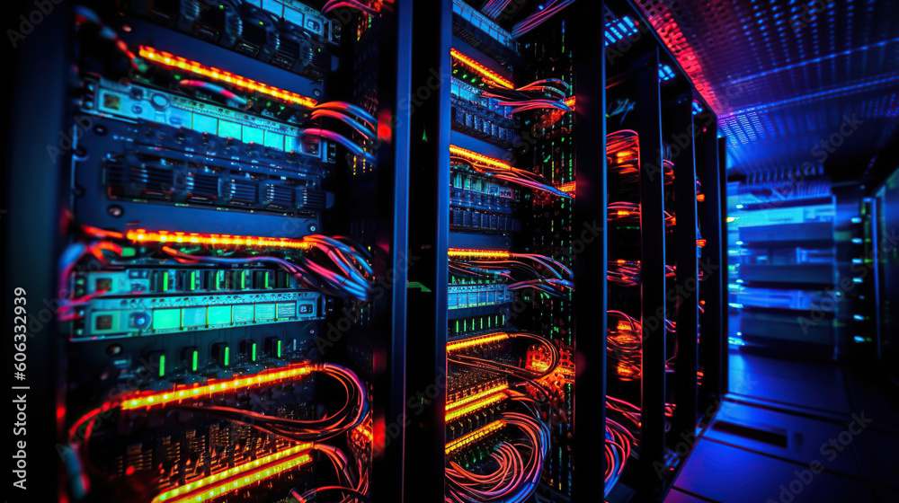Server racks in server room data center. Generative Ai