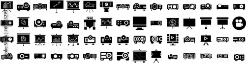 Set Of Projector Icons Isolated Silhouette Solid Icon With Video, Screen, Movie, Cinema, Film, Projector, Presentation Infographic Simple Vector Illustration Logo