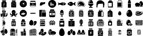 Set Of Protein Icons Isolated Silhouette Solid Icon With Nutrition, Healthy, Drink, Protein, Food, Ingredient, Diet Infographic Simple Vector Illustration Logo