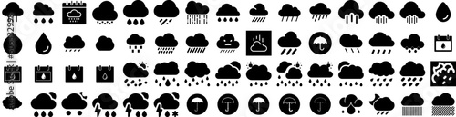 Set Of Rainy Icons Isolated Silhouette Solid Icon With Wet, Rainy, Sky, Background, Weather, Rain, Season Infographic Simple Vector Illustration Logo