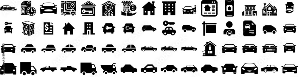 Set Of Rental Icons Isolated Silhouette Solid Icon With Auto, Car, Business, Automobile, Rent, Rental, Vehicle Infographic Simple Vector Illustration Logo