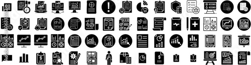 Set Of Report Icons Isolated Silhouette Solid Icon With Report, Data, Business, Chart, Analysis, Finance, Financial Infographic Simple Vector Illustration Logo