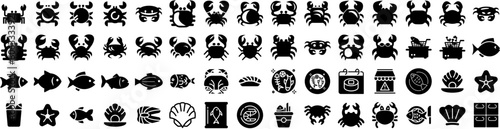Set Of Seafood Icons Isolated Silhouette Solid Icon With Sea, Shellfish, Gourmet, Seafood, Food, Restaurant, Prawn Infographic Simple Vector Illustration Logo