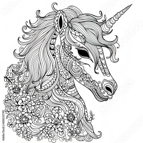 Unicorn with mandala-style patterns and floral decorations   © Sara