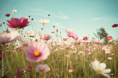 a field of pink and silver flowers on a sunny day